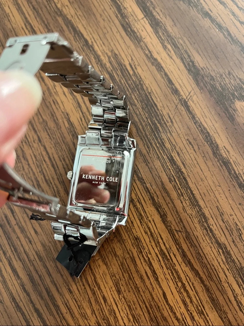 Kenneth Cole Rectangular Silver Watch with Black Face